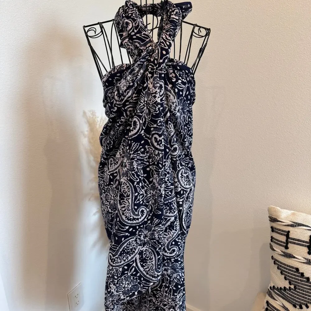 Batek-Lah Navy/White Floral Batik Print Multi-Wear Convertible Sarong Scarf NWT